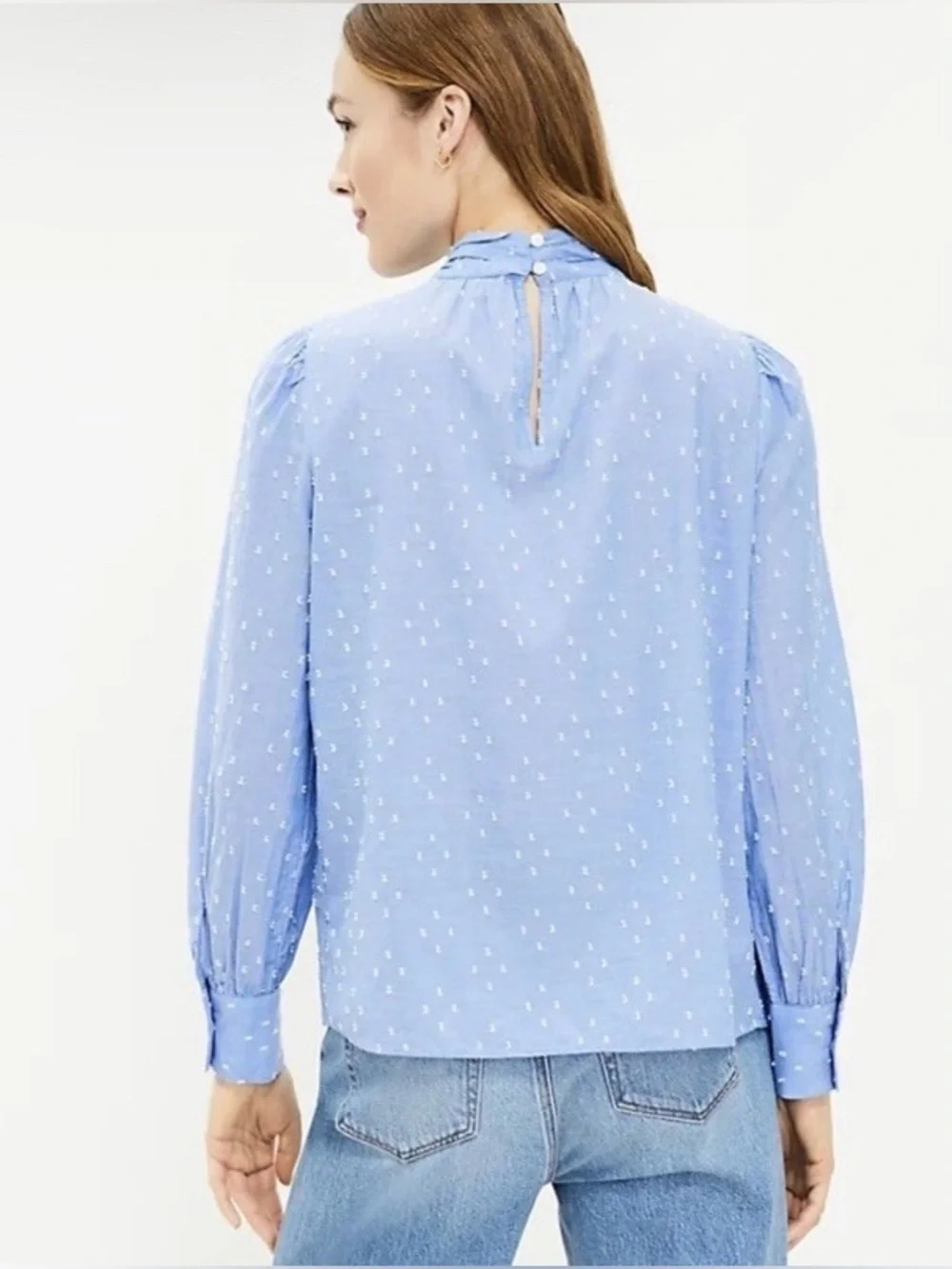 LOFT Clip Dot Mock Neck Long Sleeve Blouse Ballad Blue Size M